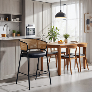 Sunvega Industrial Metal Bar Stools with Faux Leather Seat and Woven Rattan Backrest Set of 2