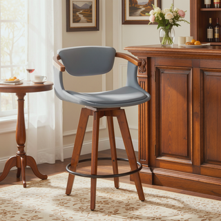 Sunvega Mid-Century Modern Counter Stool with Walnut Bamboo Frame and Grey Faux Leather