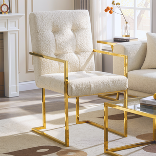 Sunvega Modern Linen Dining Arm Chair with Tufted Design and Gold Metal Base