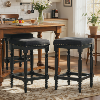 Sunvega Distressed Wooden Farmhouse Barstools with Faux Leather Seat, Counter-Height
