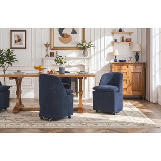 Sunvega Chenille Fabric Dining Arm Chair with Upholstered Back Cushion and Universal Wheels