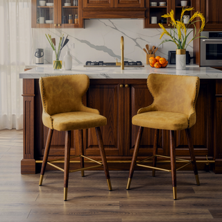 Sunvega Mid-Century Modern Faux Leather Tufted Counter Stool Set with Nailhead Trim