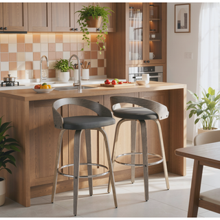 Sunvega Mid-Century Modern Barstool with Light Grey Wood and Black Faux Leather Swivel Seat
