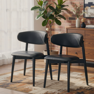 Sunvega Mid Century Modern Vegan Leather Dining Chair Set Of 2 With Black Faux Leather Upholstery