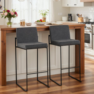 Sunvega Fuji Contemporary High Back Barstool in Black Steel and Charcoal Fabric Set of 2