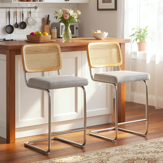 Sunvega Mid-Century Modern Dining Chairs with Rattan Backrest & Thick Boucle Cushion