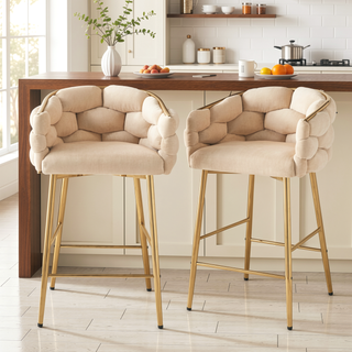 Sunvega Beige Velvet Counter Stools Set of 2 with Soft Cushion and Footrest