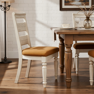 Sunvega Whitewash Finish Ladder Back Side Chair with Padded Taupe Fabric Seat Set of 2
