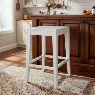 Sunvega Set of 2 White Farmhouse Counter Stools with Wooden Look