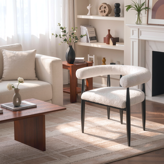 Sunvega Notting Cream Boucle Upholstered Dining Arm Chairs with Black Legs