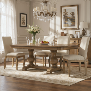 Sunvega Set of 4 Natural Wood Wash Upholstered Fabric Dining Chairs with Nailhead Trim