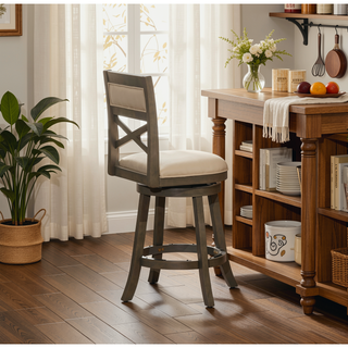 Sunvega 24 Inch Counter Height X-Back Swivel Stool with Beige Fabric Seat and Cherry Finish