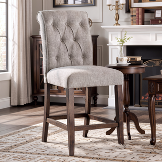 Sunvega Set of 2 Beige Chenille Upholstered Counter Height Chairs with Rustic Oak Legs
