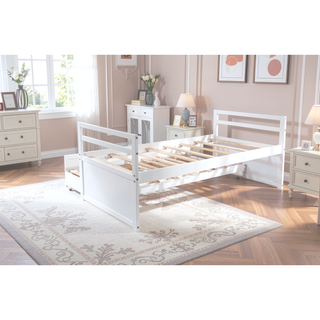 Sunvega Twin Size Pine Wood Bed with Headboard, Footboard, Trundle, and Three Storage Drawers
