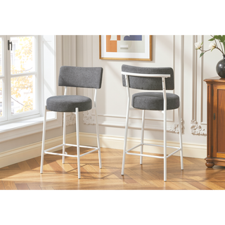 Sunvega Contemporary Kitchen Barstools with Grey Fabric Upholstery and White Metal Legs