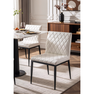 Sunvega Ivory Leatherette Side Chairs with Padded Seat and Black Metal Frame