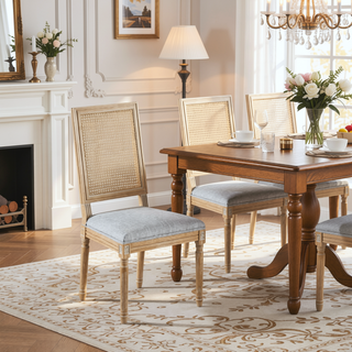 Sunvega French Country Dining Chairs with Cane Backrest Upholstered Seats and Fluted Legs