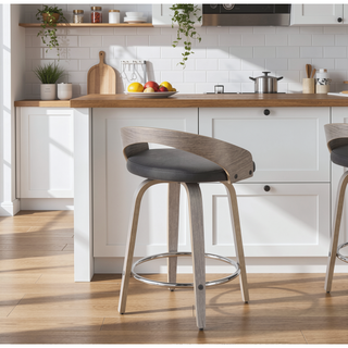 Sunvega Mid-Century Modern Counter Stool with Light Grey Wood and Black Faux Leather
