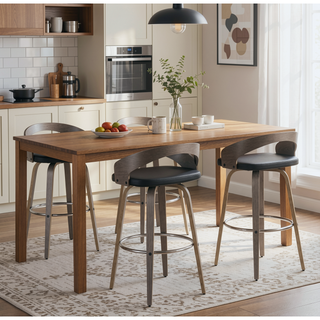 Sunvega Mid-Century Modern Barstool with Light Grey Wood and Black Faux Leather Swivel Seat