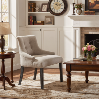 Sunvega Beige and Weathered Espresso Tufted Side Chair Set with Padded Seat and Wooden Legs