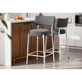 Sunvega Contemporary Kitchen Barstools with Grey Fabric Upholstery and White Metal Legs