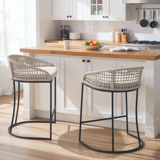 Sunvega Woven Rope Back Upholstered Cushioned Counter Stool with Iron Base