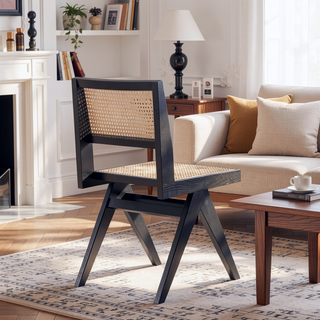 Sunvega Modern Cane Dining Chairs with Square Backrest in Black and Natural Set of 2