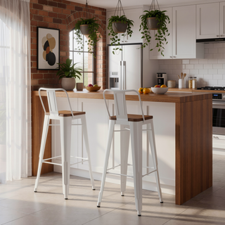 Sunvega White Metal and Wood Bar Stools with Curved Back and Footrest Set of 2
