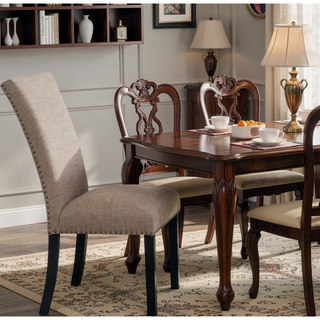 Sunvega Light Gray Flannelette Dining Chairs with Nailhead Trim and Black Wood Legs