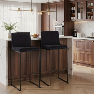 Sunvega Contemporary High Back Barstool with Black Steel Frame and Black Velvet Upholstery