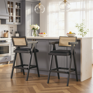 Sunvega Modern Ebony Black Boucle Resin Webbing Bar Stool Set with Arms