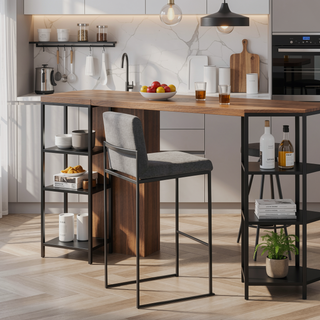 Sunvega Fuji Contemporary High Back Barstool in Black Steel and Charcoal Fabric Set of 2