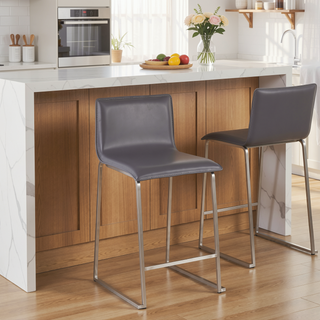 Sunvega Contemporary Counter Stool with Grey Faux Leather and Brushed Stainless Steel
