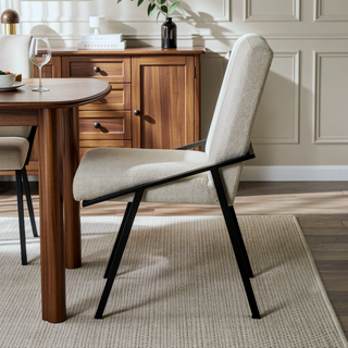 Sunvega Black Powder Coated Metal Base Cream Textured Fabric Upholstered Side Chairs Set of 2