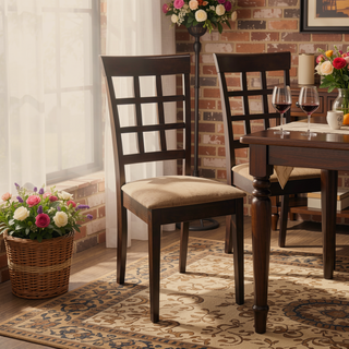 Sunvega Cappuccino and Beige Lattice Back Dining Chair Set with Checkered Wooden Design