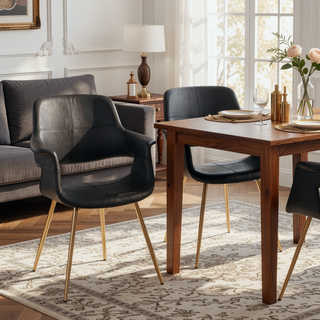 Sunvega Gold Metal and Black Faux Leather Glam Art Deco Chair Set of 2