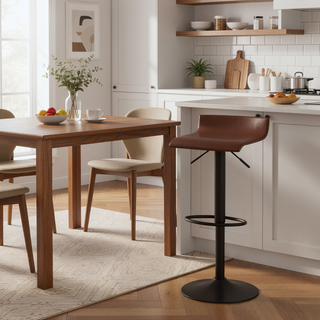 Sunvega Adjustable Antique Metal Industrial Bar Stool with Brown Faux Leather Seat
