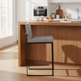 Sunvega Contemporary High Back Counter Stool with Padded Seat and Backrest in Black Steel and Grey Fabric - Set of 2