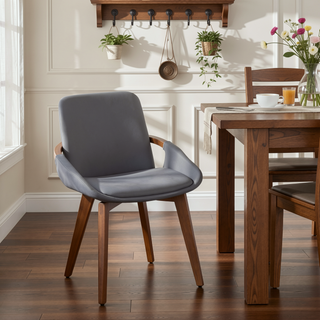 Sunvega Mid-Century Modern Chair with Walnut Wood Legs and Grey Faux Leather