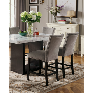 Sunvega Light Gray Flannelette Dining Chairs with Nailhead Trim and Black Wood Legs