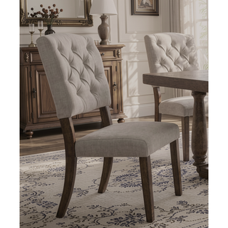 Sunvega Elegant High-Back Linen Upholstered Dining Side Chair with Weathered Oak Legs