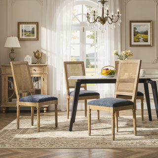 Sunvega French Country Dining Chairs with Cane Backrest Upholstered Seats and Fluted Legs