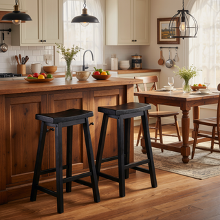 Sunvega Black Finish Bar Height Solid Wood Saddle Seat Stools Set of 2