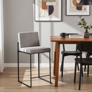 Sunvega Contemporary High Back Counter Stool with Padded Seat and Backrest in Black Steel and Grey Fabric - Set of 2