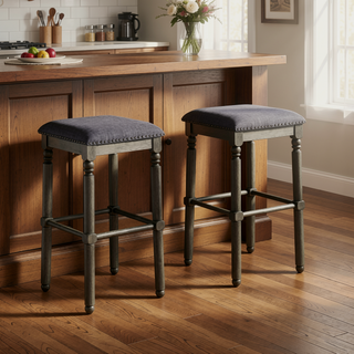Sunvega Set of 2 Grey Washed Wood Bar Stools with Upholstered Seat and Nailhead Trim