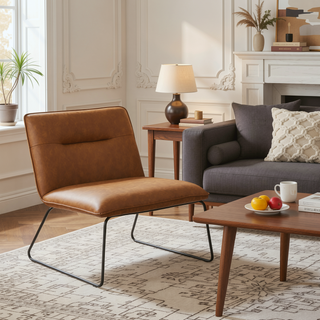 Sunvega Industrial Black Metal and Camel Faux Leather Accent Chair with Tufted Backrest
