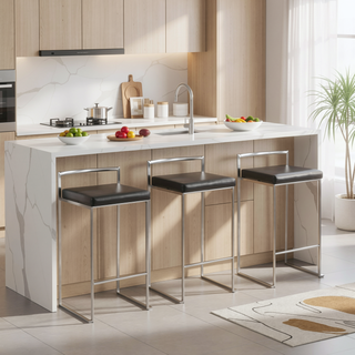 Sunvega Contemporary Brushed Stainless Steel Stackable Counter Stools with Brown Faux Leather