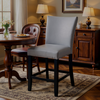 Sunvega Counter Height Upholstered PU Chair Set with Footrest and Chrome Nailhead Trim