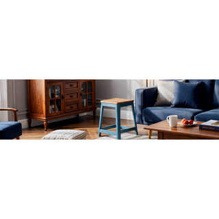 Sunvega Natural & Teal Finish Wooden Stationary Bar Stool with Metal Legs
