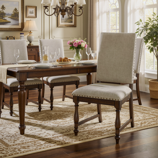 Sunvega Traditional Brown Wooden Dining Chairs with Beige Textured Fabric Upholstery